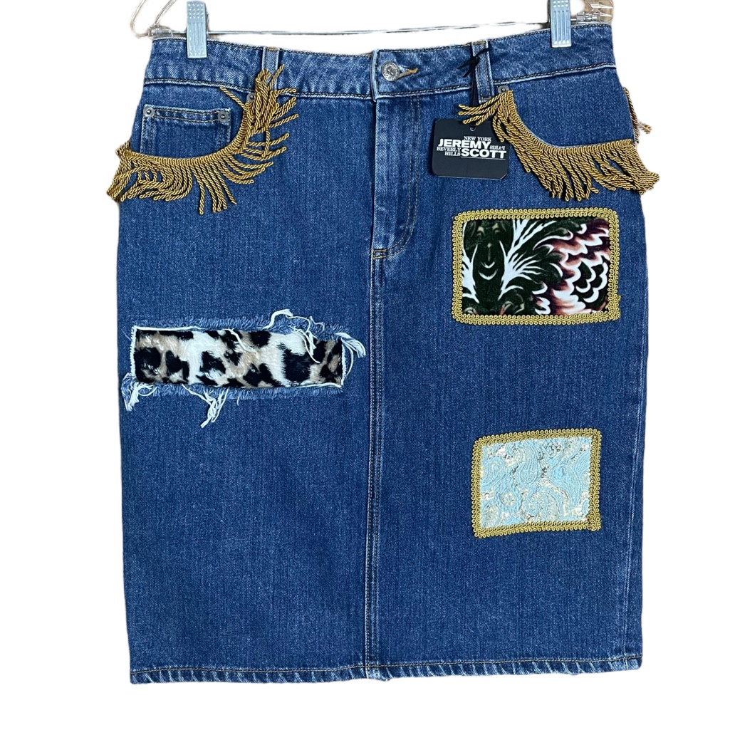 Jeremy Scott 10 Patch Denim Fringe Skirt Designer Trim Pencil Mixed Media